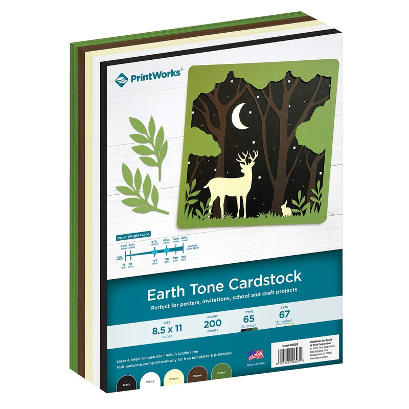 PrintWorks Earth Tones Cardstock Paper 8.5" x 11" - 200 Sheets - 5 Assorted Earth Tone Colors - Ideal for School & Craft Projects - 67 lb/147 gsm & 65 lb/176 gsm - Made in the USA (00603) - Image 1